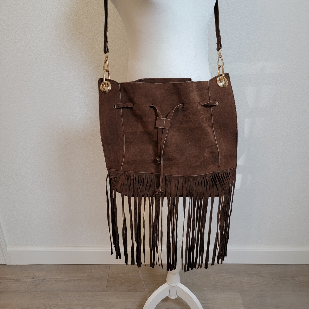 Boho Brown Faux Leather Crossbody Handbag Eith Fringe - Picture 6 of 6